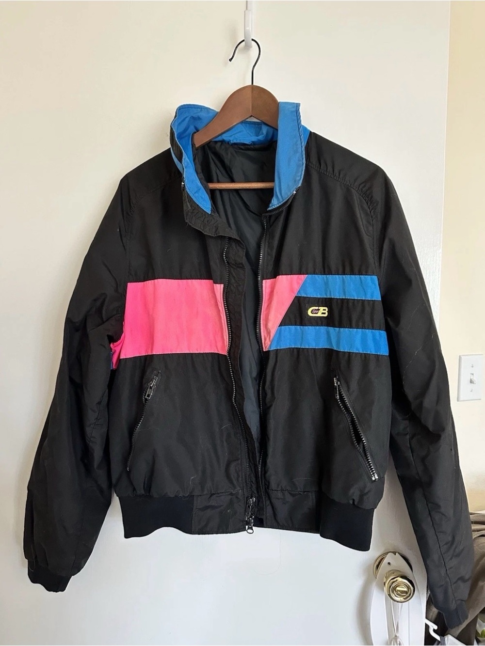 Windbreaker Jacket - 1986 Vintage CB Sport Jacket, Size L, Black Pink Blue